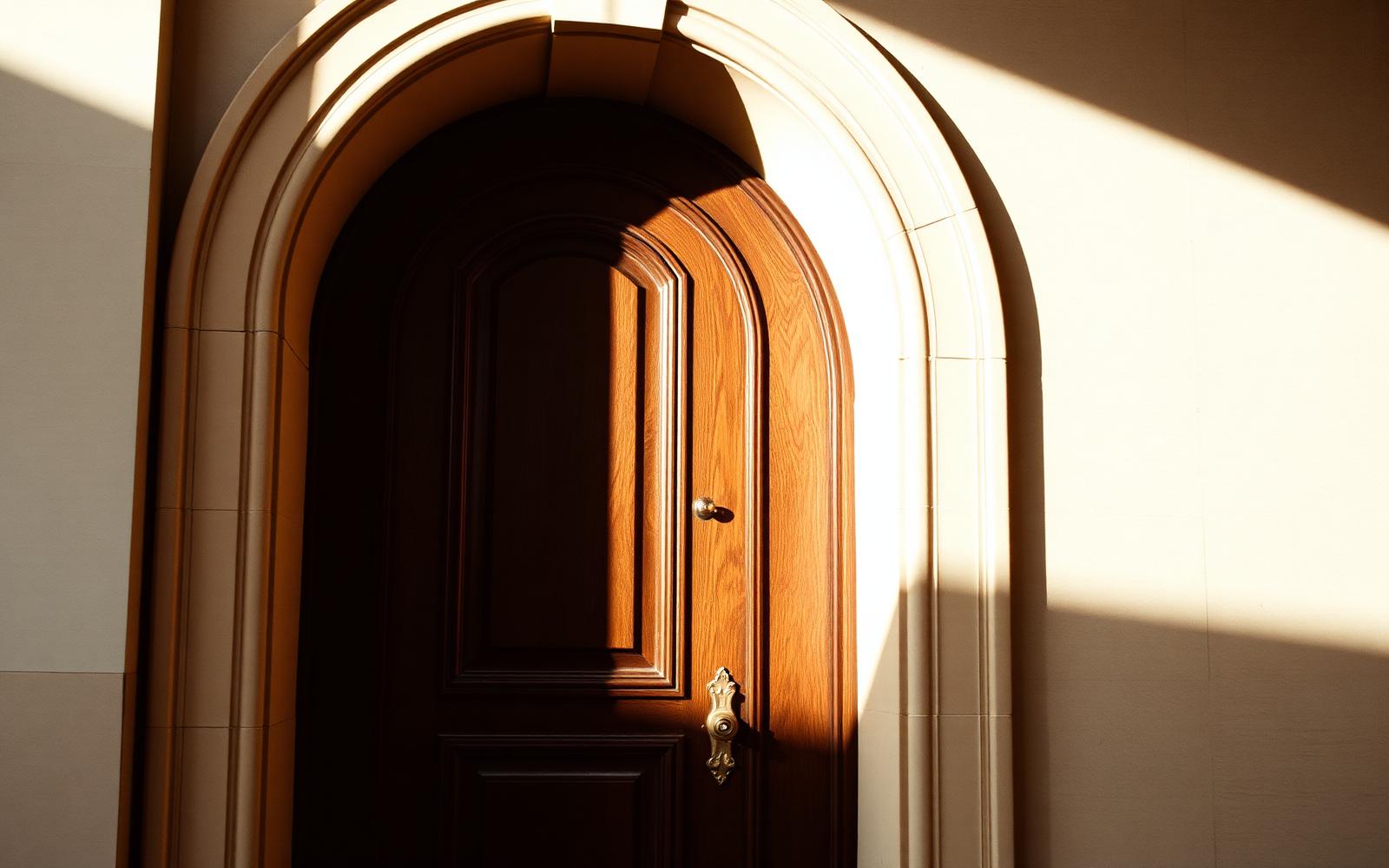 An arched wooden door with aged brass handle in a warm limestone alcove